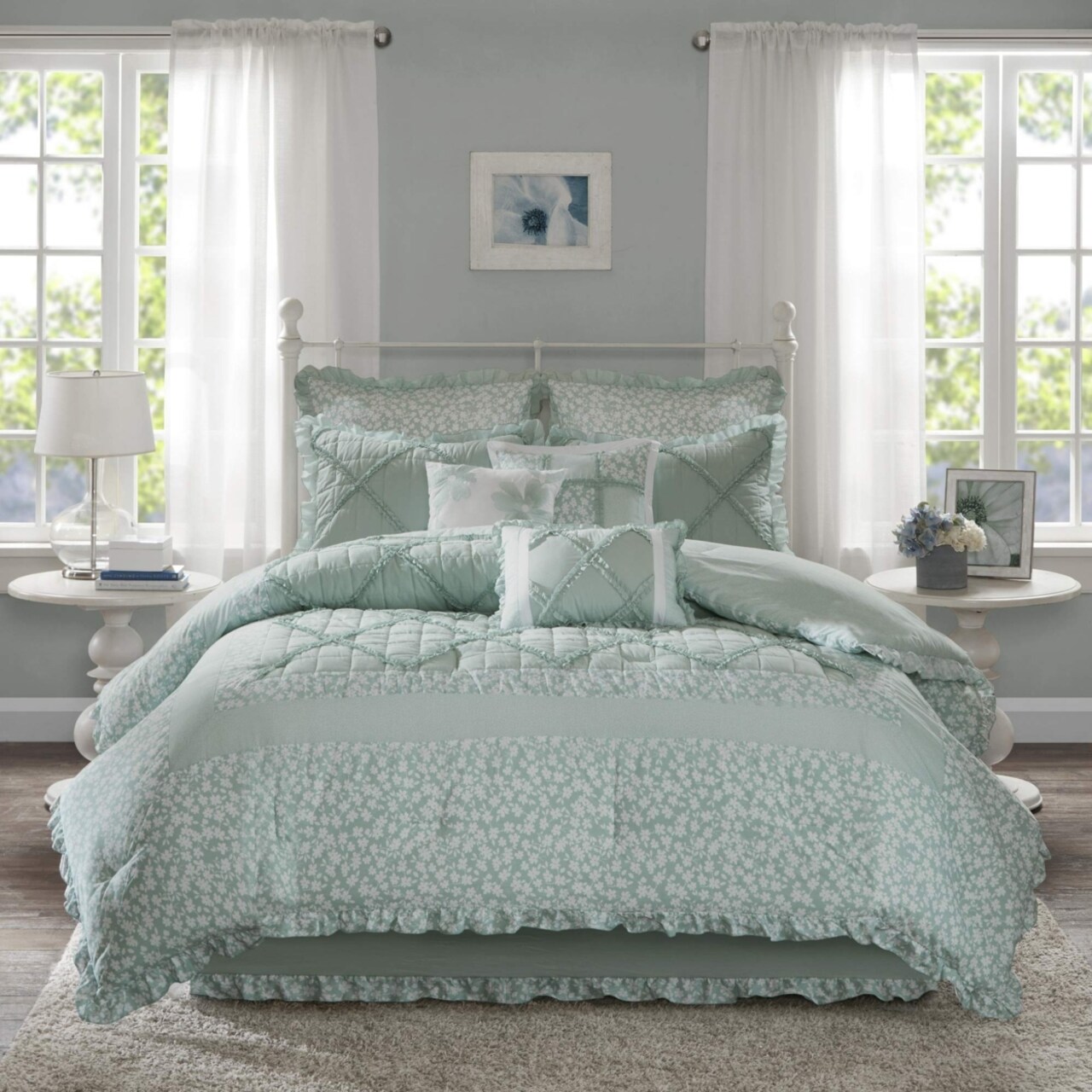 Madison Park Mindy 9 Piece Cotton Percale Comforter Set Aqua Cal King